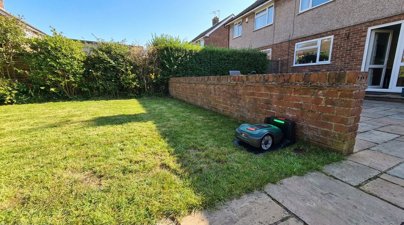Jardin ensoleillé avec un robot tondeuse